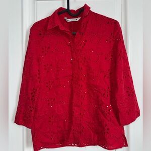 Elegant Red Eyelet Women's Top Embroidered Blouse Zara Small